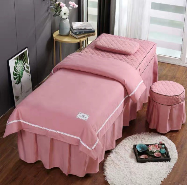 美容院 床罩四件組 [床罩一件 被套一件 椅子套一件 枕套一件] 顏色任選 [粉 紫 灰] 床包 美容床 SPA 床包組 美容床罩 法蘭絨 床包 混棉 質感好