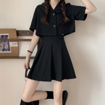 韓版夏季短版西裝高腰百褶裙學院風兩件套